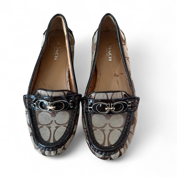 COACH Enrica Horse Bit Loafers Sz 5 Brown Beige Logo Canvas Patent Leather Trim - Picture 1 of 7